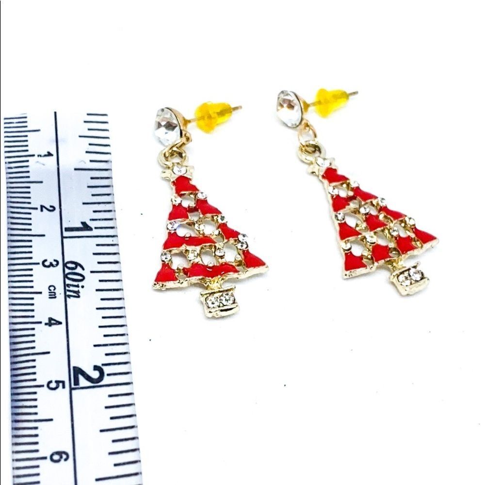 Christmas Tree Red Gold Enamel Rhinestone Earring - Picture 4 of 6